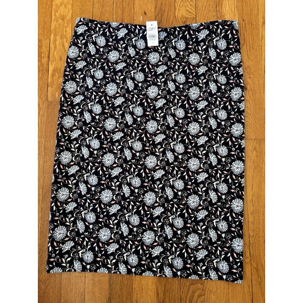 NWT LOFT Womens Size L Blue Floral Knit Skirt Knee Length